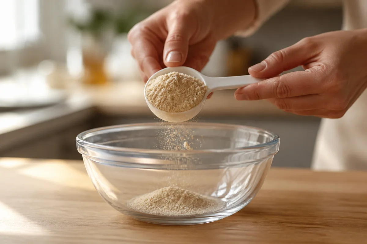 Mains tenant une cuillère doseuse remplie de poudre claire au-dessus d’un bol en verre