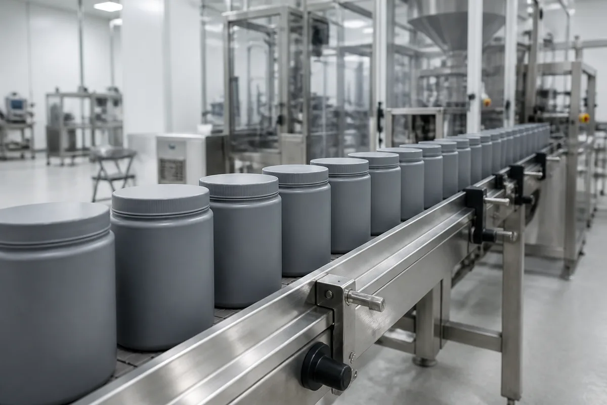 Convoyeur en inox d’un atelier de conditionnement alimentaire avec pots cylindriques unis