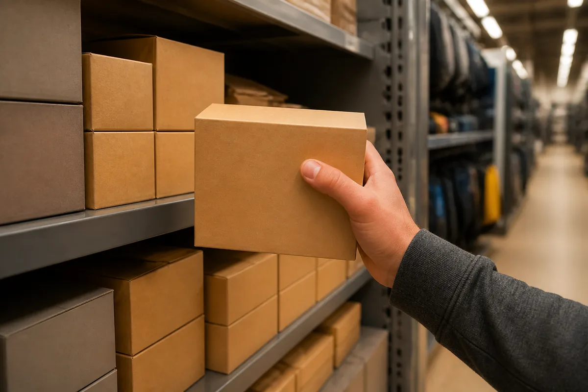Rayon de magasin de sport avec boîtes cartonnées alignées sur des étagères métalliques