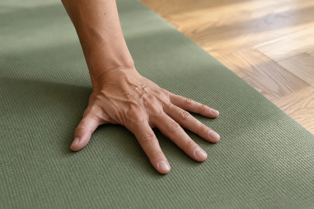 Main à plat pressant la surface d’un tapis de yoga en caoutchouc naturel posé sur un parquet clair