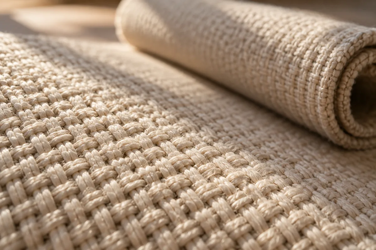 Gros plan sur la trame d’un tapis de yoga en coton tissé écru, lumière naturelle rasante