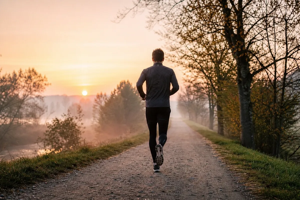 Coureur de dos sur un chemin au lever du jour, buste droit et cage thoracique ouverte