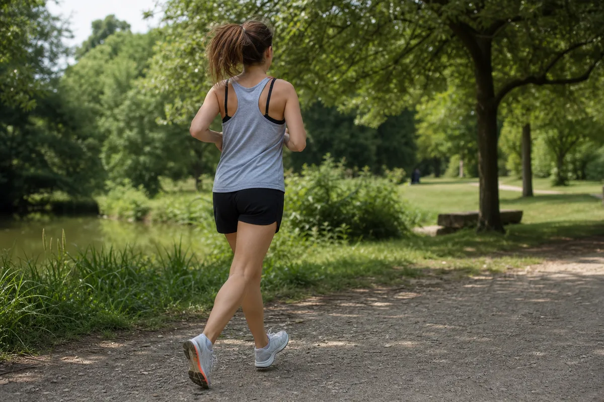Coureuse débutante en footing lent dans un parc verdoyant, foulée détendue, épaules relâchées