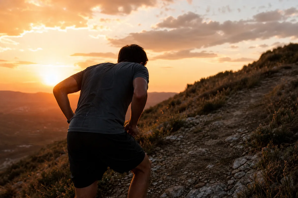 Coureur franchissant une côte au coucher du soleil, effort intense et respiration ample