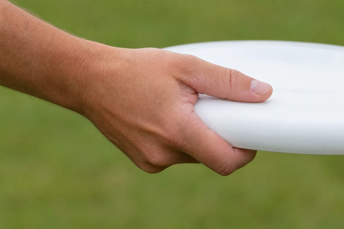 Main refermée sur un disque d’ultimate blanc, prise en revers, terrain en herbe flou à l’arrière-plan