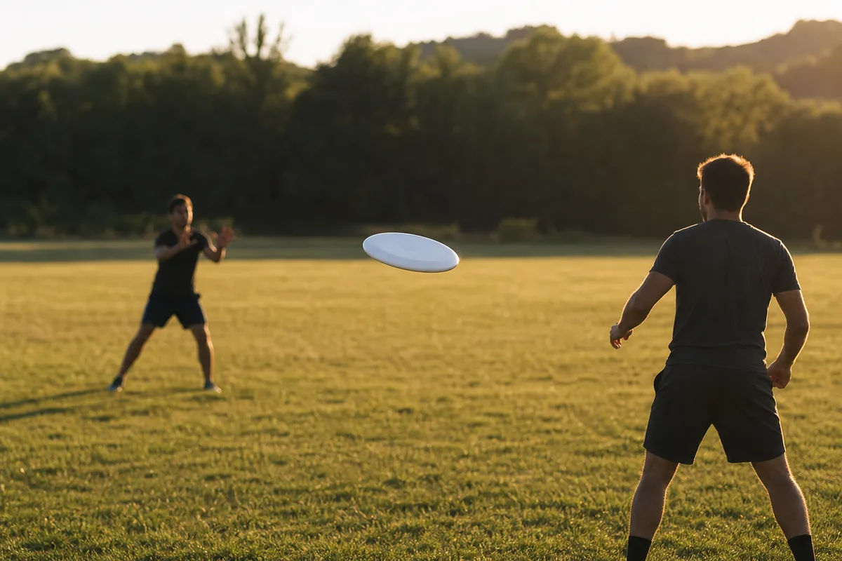 Deux joueurs d’ultimate se faisant des passes sur un terrain d’herbe en fin de journée, disque en vol au premier plan