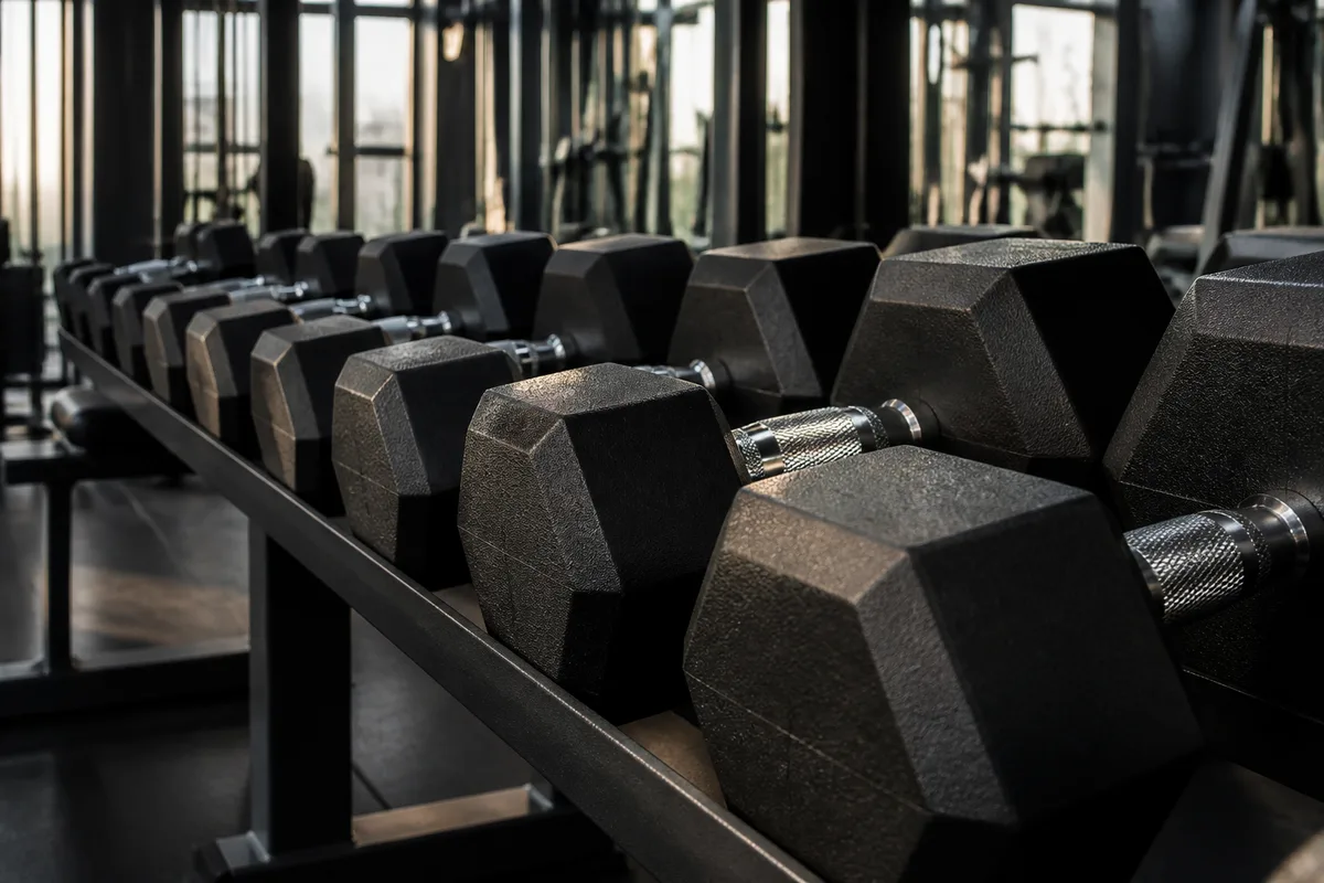 Haltères hexagonaux alignés sur un rack métallique dans une salle de musculation éclairée en lumière rasante