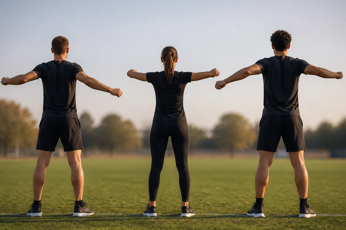 Joueurs d&rsquo;ultimate en cercle d&rsquo;échauffement sur une pelouse au lever du jour