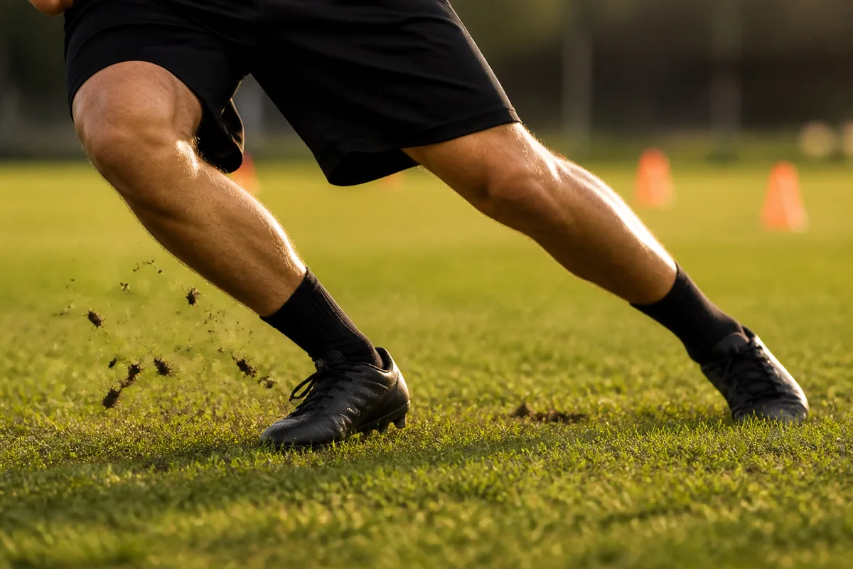 Gros plan sur des appuis et des chaussures à crampons pendant un pas chassé