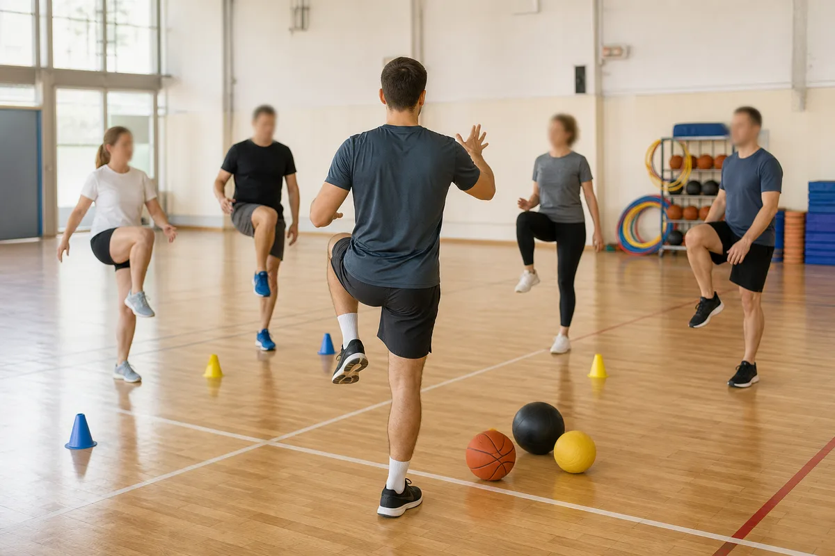 Éducateur sportif animant une séance collective avec un petit groupe dans un gymnase municipal de province