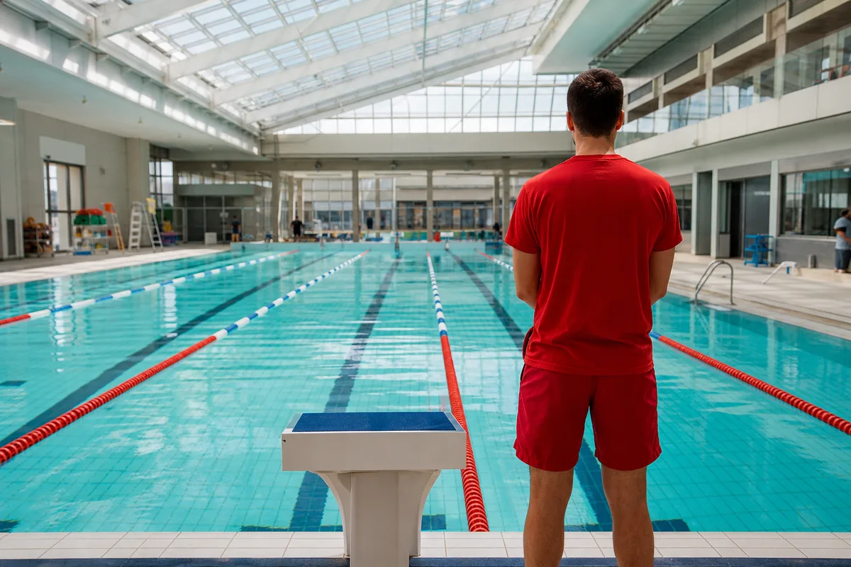 Maître-nageur surveillant un bassin couvert, vue de dos au bord de l&rsquo;eau dans une piscine publique