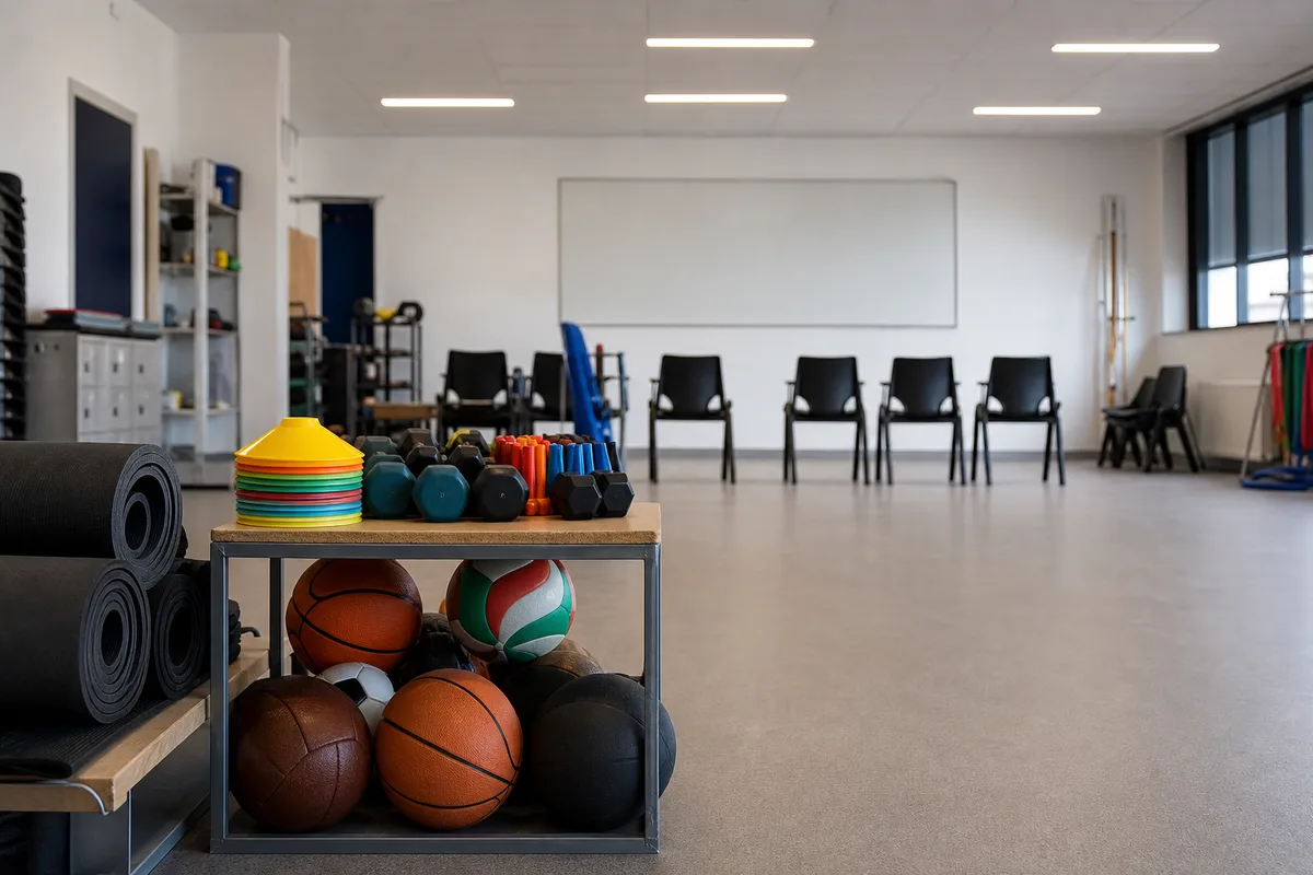 Salle de formation avec matériel sportif rangé, ballons et plots, tableau et chaises orientées vers un espace de pratique