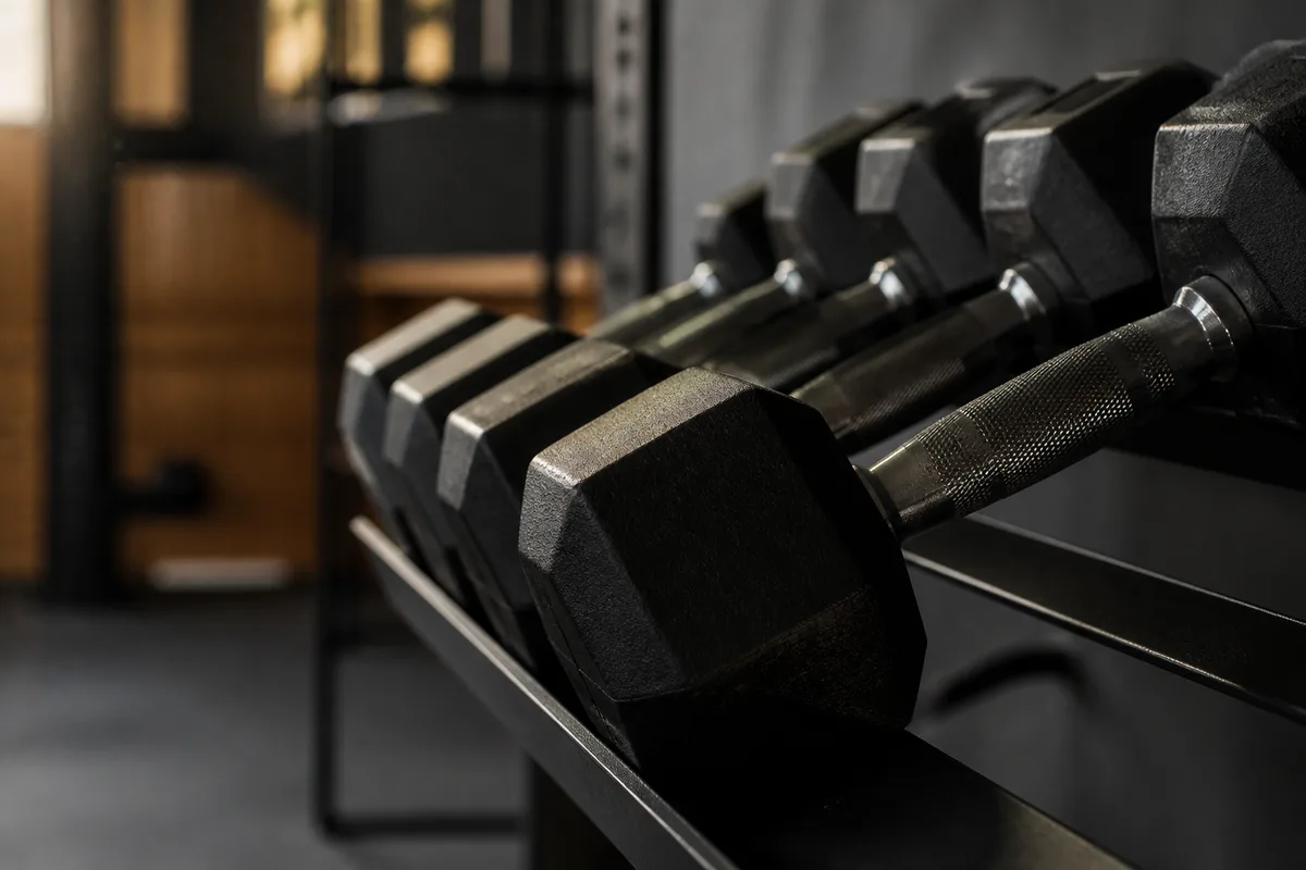 Rack d&rsquo;haltères en acier noir dans un plateau de musculation, poignées moletées et lumière rasante