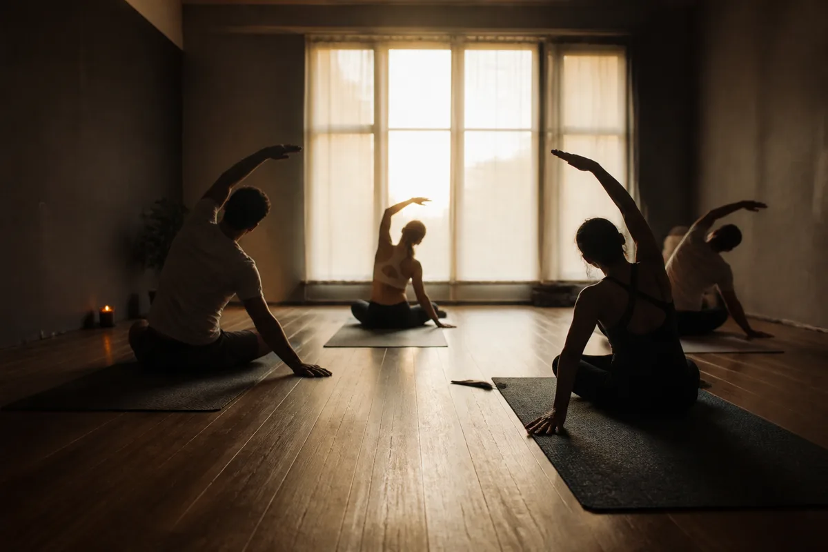 Petit groupe vu de dos s&rsquo;étirant sur des tapis de sol dans un studio aux murs sombres, éclairage chaud