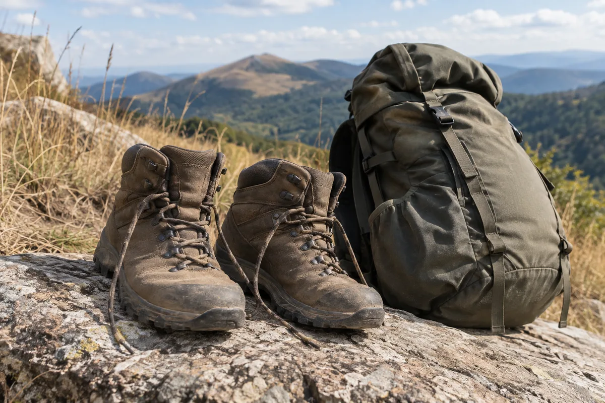 Chaussures de randonnée poussiéreuses posées sur un rocher plat au bord du sentier, près d&rsquo;un sac à dos