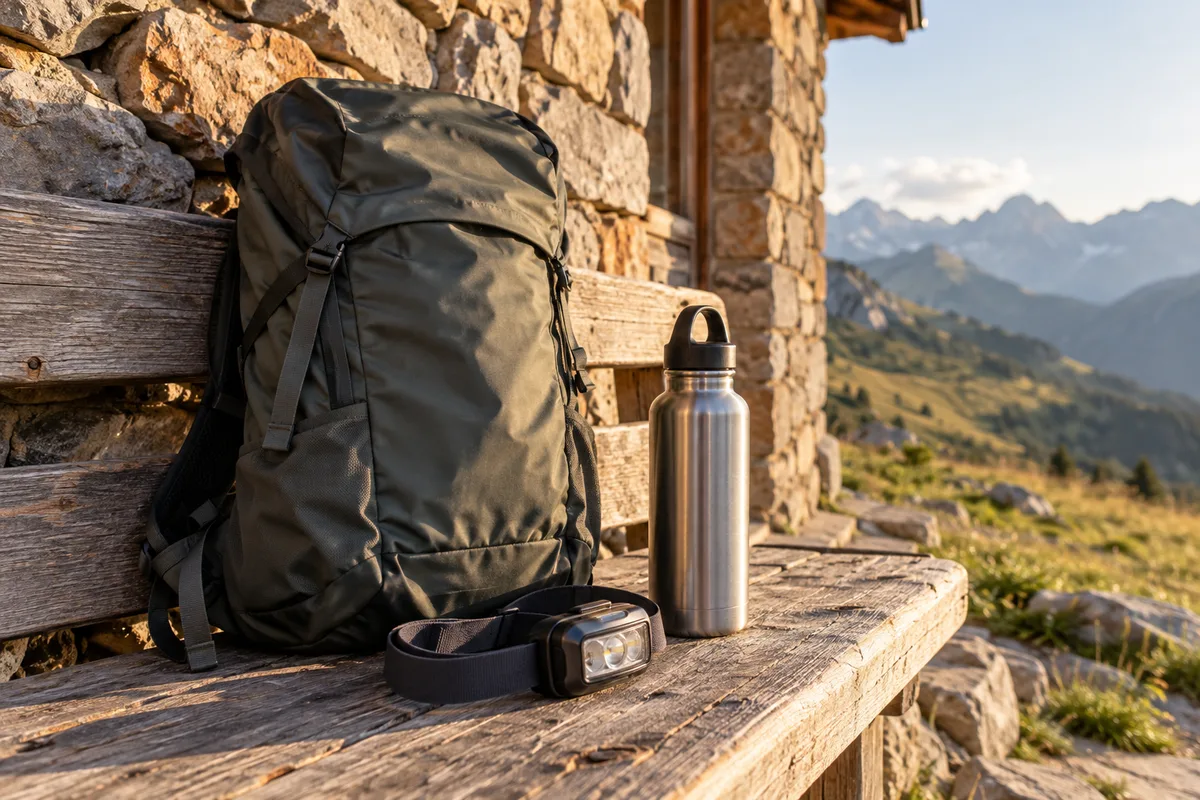 Sac à dos, frontale et gourde posés sur un banc en bois devant un refuge de pierre en fin d&rsquo;après-midi