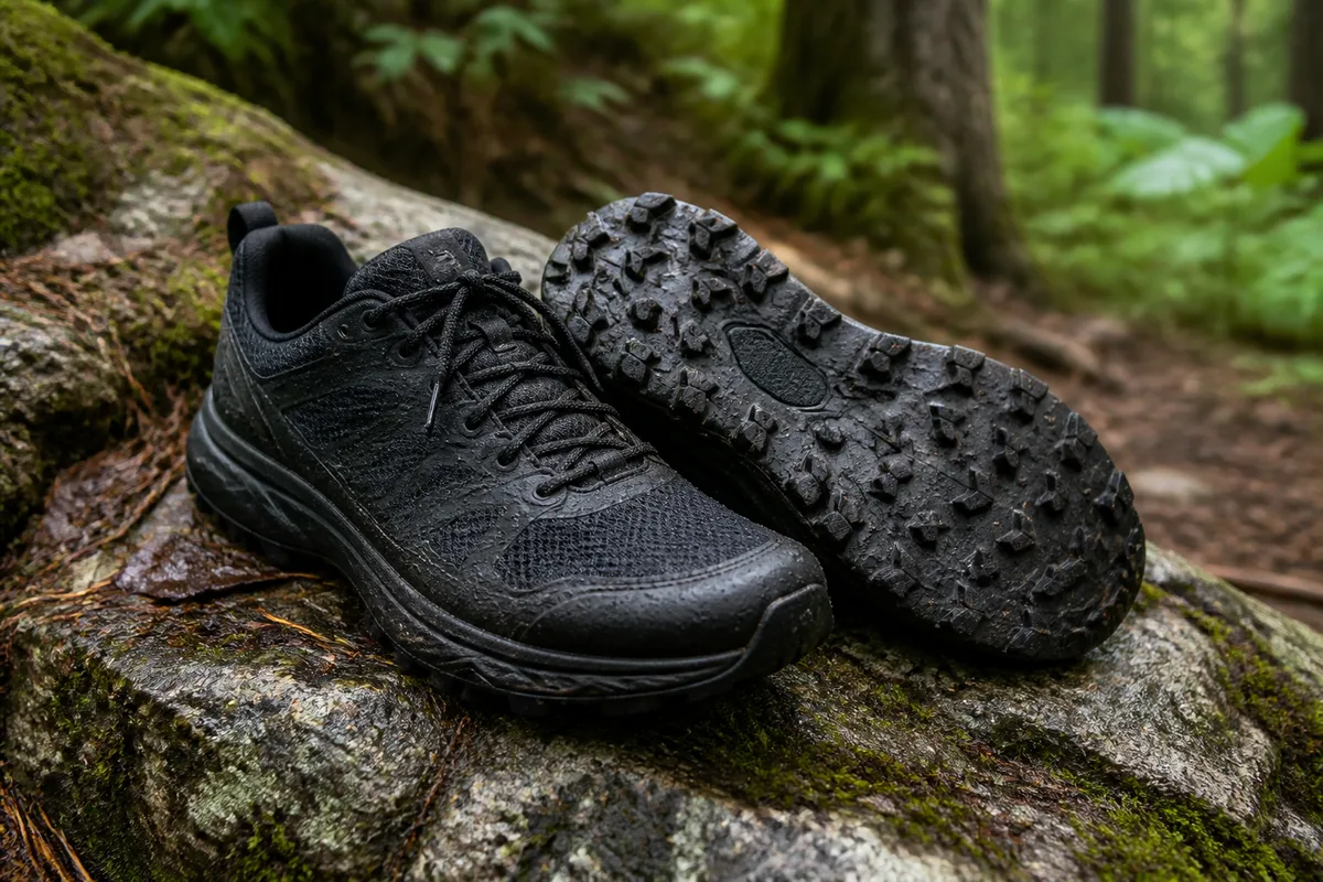 Chaussures de trail posées sur un rocher au bord d’un sentier forestier