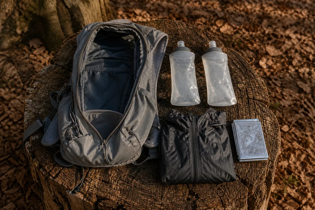 Sac de trail ouvert avec flasques et veste pliée posé sur une souche en lisière de forêt