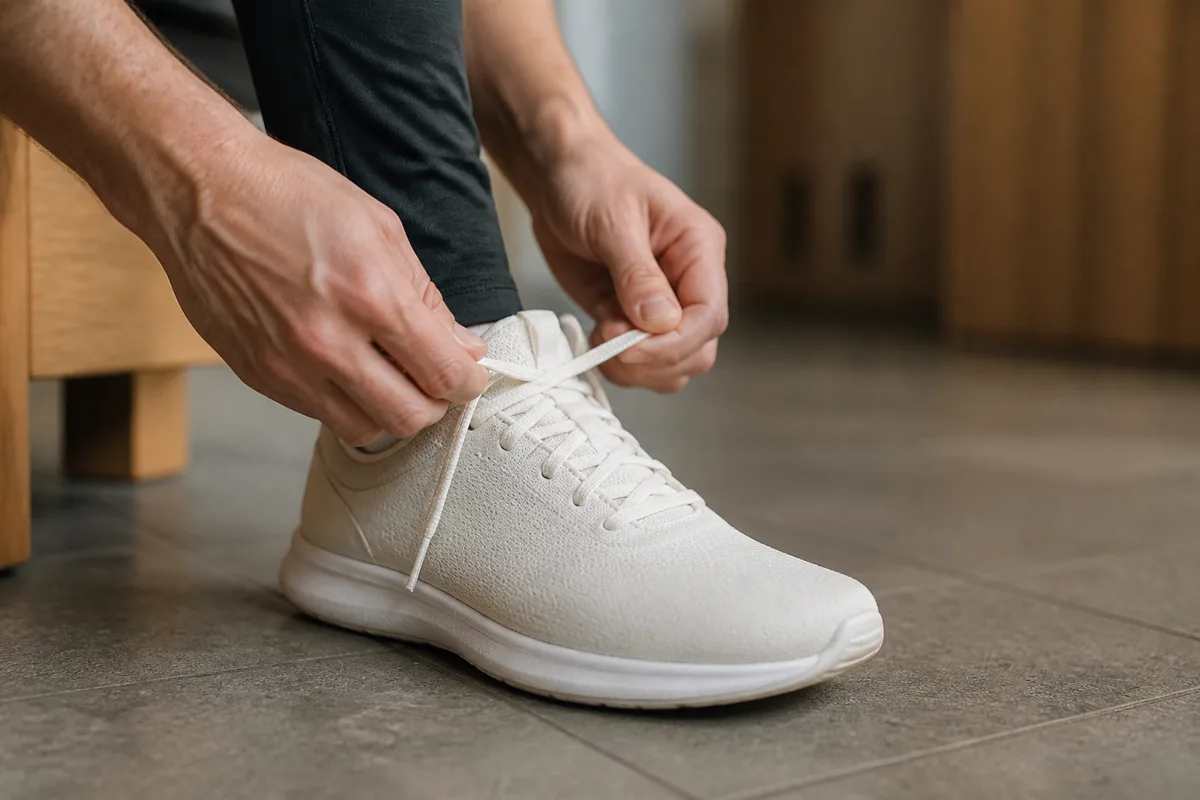 Mains d&rsquo;un adulte lassant une chaussure de sport assis sur un banc de vestiaire, lumière douce de fenêtre