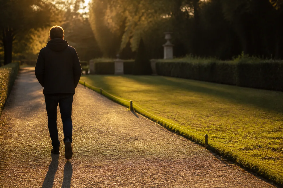 Silhouette d&rsquo;un adulte de dos marchant d&rsquo;un pas rapide sur un chemin de parc en fin de journée